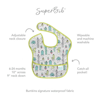Infographic of Bumkins SuperBib®: Bumkins signature waterproof fabric, adjustable neck closure, catch-all pocket, 6-24 months.