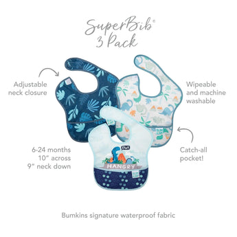Infographic of Bumkins SuperBib® 3 Pack: Bumkins signature waterproof fabric, adjustable neck closure, catch-all pocket, 6-24 months.