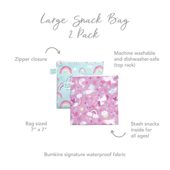 Infographic of Bumkins Large Snack Bag 2 Pack: Bumkins signature waterproof fabric, zipper closure, machine washable and dishwasher-safe.