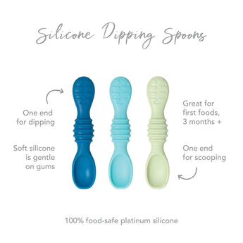 Infographic of Bumkins Silicone Dipping Spoons: 100% food-safe platinum silicone, one end for dipping, one end for scooping, 3 months+.