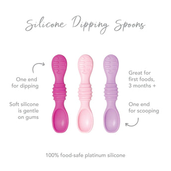 Infographic of Bumkins Silicone Dipping Spoons: 100% food-safe platinum silicone, one end for dipping, one end for scooping, 3 months+.