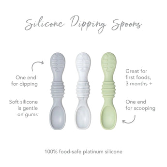 Infographic of Bumkins Silicone Dipping Spoons: 100% food-safe platinum silicone, one end for dipping, one end for scooping, 3 months+.