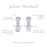 Infographic of Bumkins Silicone Chewtensils®: 100% food-safe platinum silicone, easy-to-grasp textured silicone, ventilated choke barrier.