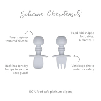 Infographic of Bumkins Silicone Chewtensils®: 100% food-safe platinum silicone, easy-to-grasp textured silicone, ventilated choke barrier.