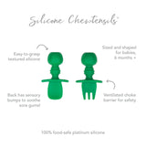 Infographic of Bumkins Silicone Chewtensils®: 100% food-safe platinum silicone, easy-to-grasp textured silicone, ventilated choke barrier.