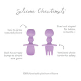Infographic of Bumkins Silicone Chewtensils®: 100% food-safe platinum silicone, easy-to-grasp textured silicone, ventilated choke barrier.