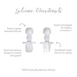 Infographic of Bumkins Silicone Chewtensils®: 100% food-safe platinum silicone, easy-to-grasp textured silicone, ventilated choke barrier.