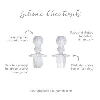 Infographic of Bumkins Silicone Chewtensils®: 100% food-safe platinum silicone, easy-to-grasp textured silicone, ventilated choke barrier.