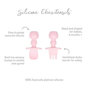 Infographic of Bumkins Silicone Chewtensils®: 100% food-safe platinum silicone, easy-to-grasp textured silicone, ventilated choke barrier.