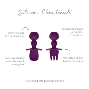 Infographic of Bumkins Silicone Chewtensils®: 100% food-safe platinum silicone, easy-to-grasp textured silicone, ventilated choke barrier.