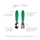 Infographic of Bumkins Spoon + Fork: 100% food-safe platinum silicone and 18/8 stainless steel, easy-to-grasp textured silicone, 18 months+.