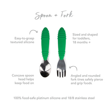 Infographic of Bumkins Spoon + Fork: 100% food-safe platinum silicone and 18/8 stainless steel, easy-to-grasp textured silicone, 18 months+.