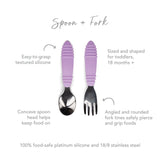 Infographic of Bumkins Spoon + Fork: 100% food-safe platinum silicone and 18/8 stainless steel, easy-to-grasp textured silicone, 18 months+.