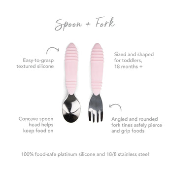 Infographic of Bumkins Spoon + Fork: 100% food-safe platinum silicone and 18/8 stainless steel, easy-to-grasp textured silicone, 18 months+.