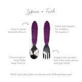 Infographic of Bumkins Spoon + Fork: 100% food-safe platinum silicone and 18/8 stainless steel, easy-to-grasp textured silicone, 18 months+.