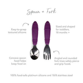 Infographic of Bumkins Spoon + Fork: 100% food-safe platinum silicone and 18/8 stainless steel, easy-to-grasp textured silicone, 18 months+.