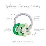 Infographic of Bumkins Silicone Teething Charms: 100% food-safe platinum silicone, sized for small hands, great for teething, 3 months+.