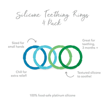Infographic of Bumkins Silicone Teething Rings 4 Pack:  100% food-safe platinum silicone, sized for small hands, great for teething, 3 months+.