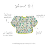 Infographic of Bumkins Sleeved Bib: Bumkins signature waterproof fabric, catch-all pocket, adjustable tie neck closure, 6-24 months.