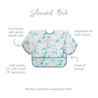 Infographic of Bumkins Sleeved Bib: Bumkins signature waterproof fabric, catch-all pocket, adjustable tie neck closure, 6-24 months.