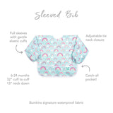 Infographic of Bumkins Sleeved Bib: Bumkins signature waterproof fabric, catch-all pocket, adjustable tie neck closure, 6-24 months.