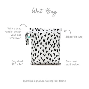 Infographic of Bumkins Wet Bag: Bumkins signature waterproof fabric, zipper closure, snap handle, stash wet stuff inside.