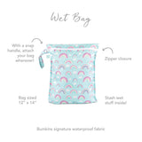 Infographic of Bumkins Wet Bag: Bumkins signature waterproof fabric, zipper closure, snap handle, stash wet stuff inside.