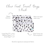Infographic of Bumkins Clear Travel Bag 3-Pack: Bumkins signature waterproof fabric, clear fronts are TSA-compliant, zipper closures.