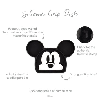 Infographic of Bumkins Silicone Grip Dish: 100% food-safe platinum silicone, strong suction base, deep-walled food sections, easy to clean.