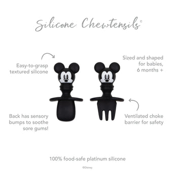 Infographic of Bumkins Silicone Chewtensils®: 100% food-safe platinum silicone, easy-to-grasp textured silicone, ventilated choke barrier.