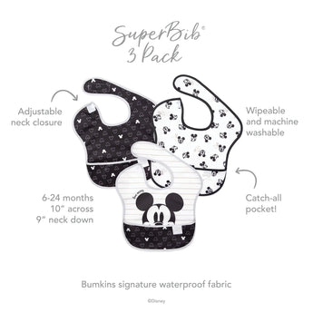 Infographic of Bumkins SuperBib® 3 Pack: Bumkins signature waterproof fabric, adjustable neck closure, catch-all pocket, 6-24 months.