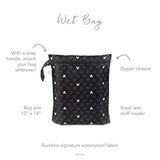 Infographic of Bumkins Wet Bag: Bumkins signature waterproof fabric, zipper closure, snap handle, stash wet stuff inside.