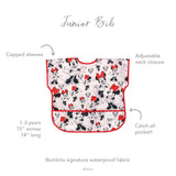 Infographic of Bumkins Junior Bib: Bumkins signature waterproof fabric, capped sleeves, adjustable neck closure, catch-all pocket, 1-3 years.