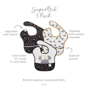 Infographic of Bumkins SuperBib® 3 Pack: Bumkins signature waterproof fabric, adjustable neck closure, catch-all pocket, 6-24 months.