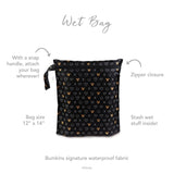 Infographic of Bumkins Wet Bag: Bumkins signature waterproof fabric, zipper closure, snap handle, stash wet stuff inside.