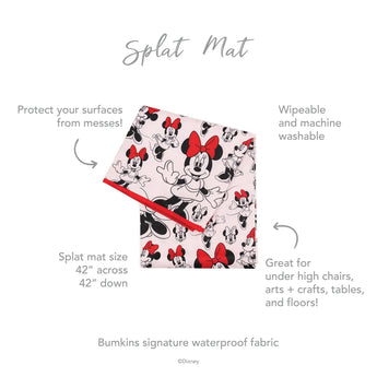 Infographic of Bumkins Splat Mat: Bumkins signature waterproof fabric, wipeable and machine washable, protect your surfaces from messes.