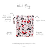Infographic of Bumkins Wet Bag: Bumkins signature waterproof fabric, zipper closure, snap handle, stash wet stuff inside.