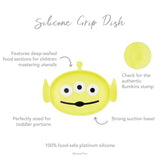 Infographic of Bumkins Silicone Grip Dish: 100% food-safe platinum silicone, strong suction base, deep-walled food sections.