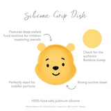 Infographic of Bumkins Silicone Grip Dish: 100% food-safe platinum silicone, strong suction base, deep-walled food sections, easy to clean.