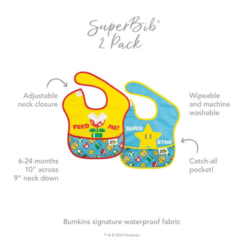 Infographic of Bumkins SuperBib® 2 Pack: Bumkins signature waterproof fabric, adjustable neck closure, catch-all pocket, 6-24 months.