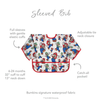 Infographic of Bumkins Sleeved Bib: Bumkins signature waterproof fabric, catch-all pocket, adjustable tie neck closure, 6-24 months.
