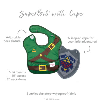 Infographic of Bumkins SuperBib® with Cape: Bumkins signature waterproof fabric, adjustable neck closure, snap-on cape.