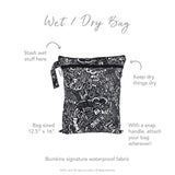 Infographic of Bumkins Wet/Dry Bag: Bumkins signature waterproof fabric, stash wet stuff, keep dry things dry, snap handle.