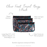 Infographic of Bumkins Clear Travel Bag 3-Pack: Bumkins signature waterproof fabric, clear fronts are TSA-compliant, zipper closures.