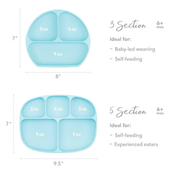 Size chart comparing Bumkins Silicone Grip Dish 3 Section versus 5 Section with dimensions and compartment sizes.