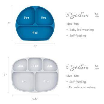 Size chart comparing Bumkins Silicone Grip Dish 3 Section versus 5 Section with dimensions and compartment sizes.