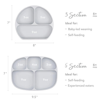 Size chart comparing Bumkins Silicone Grip Dish 3 Section versus 5 Section with dimensions and compartment sizes.