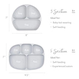 Size chart comparing Bumkins Silicone Grip Dish 3 Section versus 5 Section with dimensions and compartment sizes.