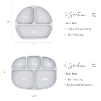 Size chart comparing Bumkins Silicone Grip Dish 3 Section versus 5 Section with dimensions and compartment sizes.