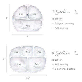 Size chart comparing Bumkins Silicone Grip Dish 3 Section versus 5 Section with dimensions and compartment sizes.